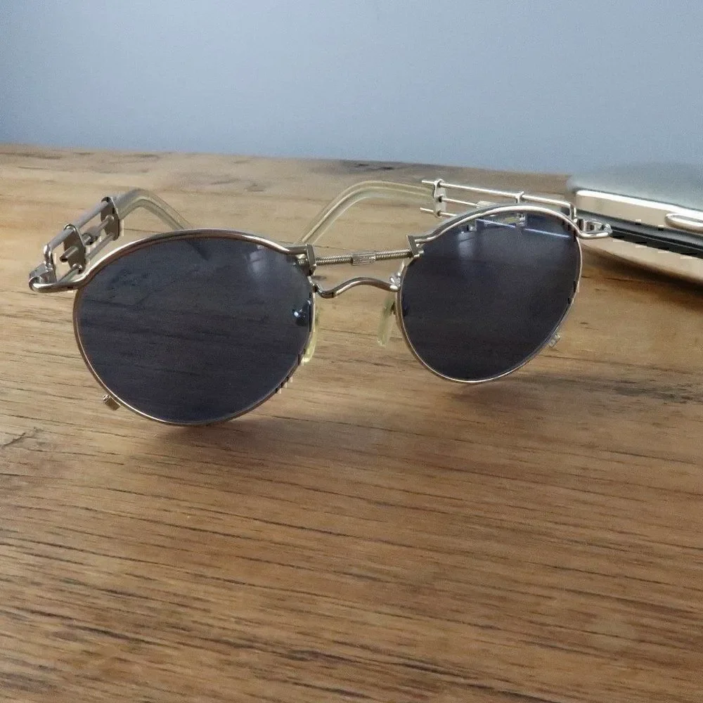JEAN PAUL GAULTIER SILVER WITH BLUE LENS #56-0174 VINTAGE STEAMPUNK SUNGLASSES
